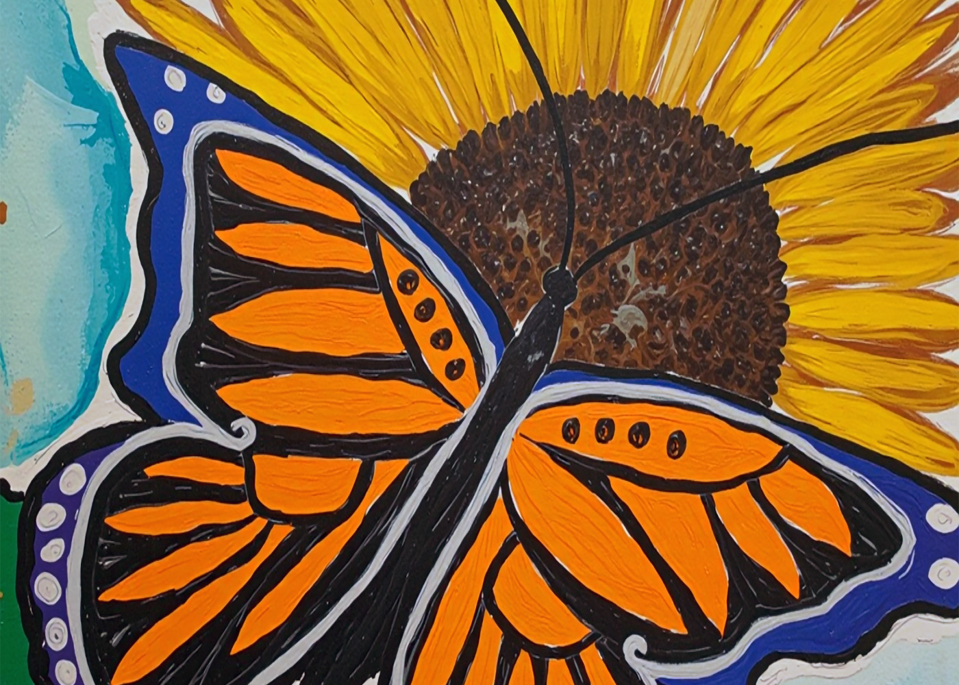 Ilustracja motyla siedzącego na słoneczniku.